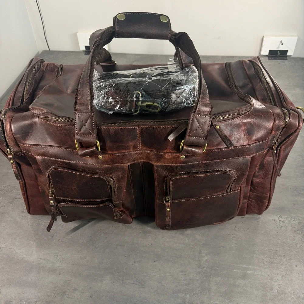 Denver Leather Craft Buffalo Duffel Large Brown Distressed Travel Weekend Bag